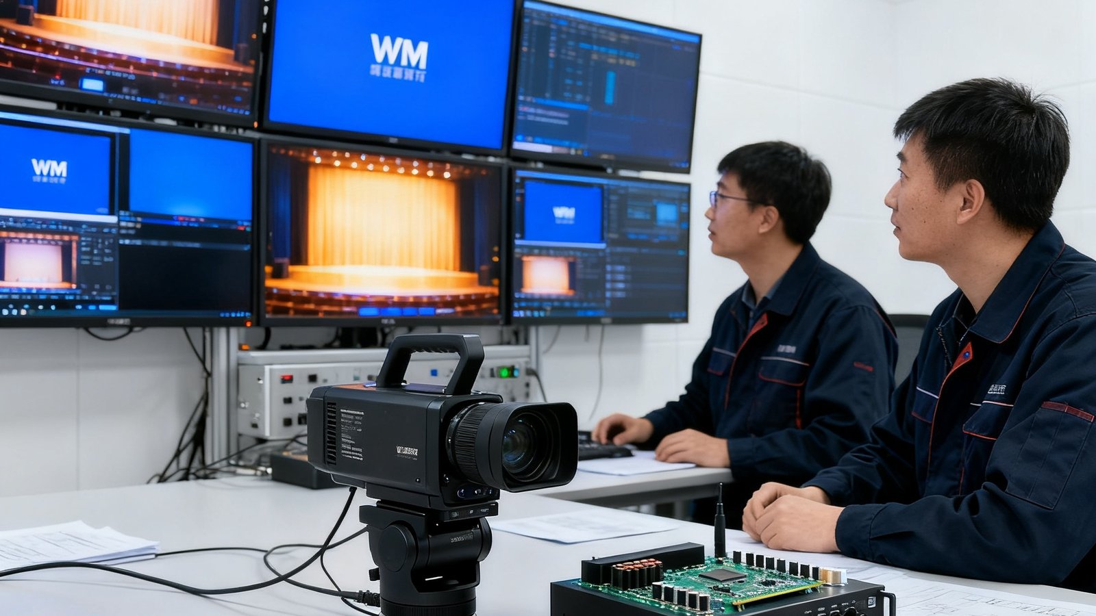 WM视讯厅研发团队在位于北京中关村的实验室内调试新一代智慧录播设备，工程师们在多块显示屏幕前讨论产品优化方案，桌面上摆放着正在测试的高清摄像机和音频采集模块