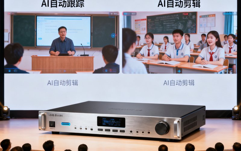 WM视讯第三代AI智能录播系统产品发布会的现场照片，舞台上展示着新一代录播主机设备，大屏幕播放着AI自动跟踪和剪辑的功能演示画面，台下坐满了教育行业的参会嘉宾