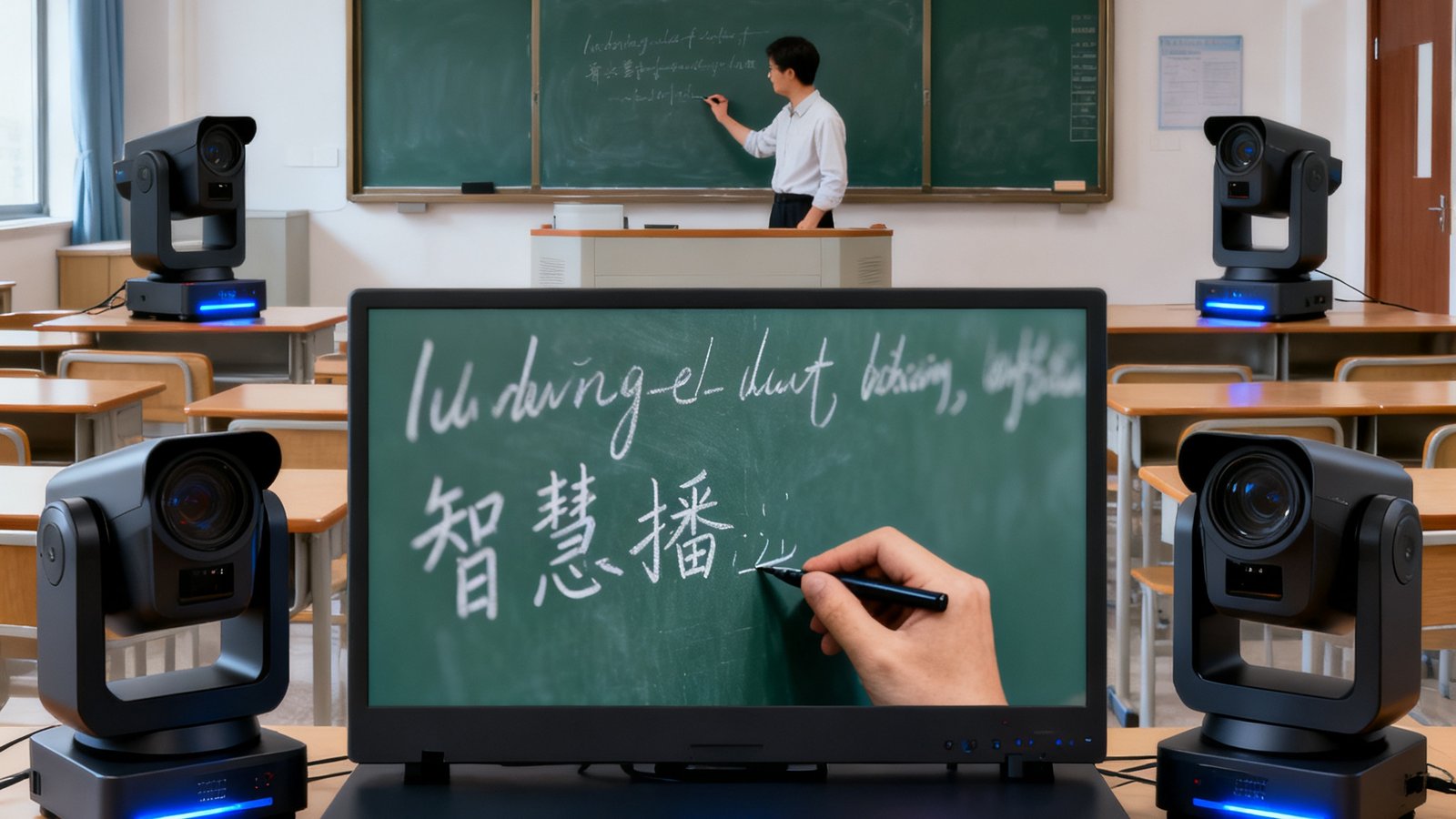 一间配备WM视讯AI智慧录播系统的现代化教室内，四台云台摄像机分布在教室四角，教师在黑板前书写时系统自动切换至板书特写镜头，教室后方墙壁上安装的录播主机指示灯亮起表示正在录制
