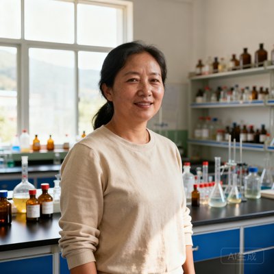 云南昭通某中学化学教师张桂芳老师的半身照，她穿着简约的米色上衣，站在实验室中，身后是摆满化学试剂瓶的实验台和窗户透进来的自然光